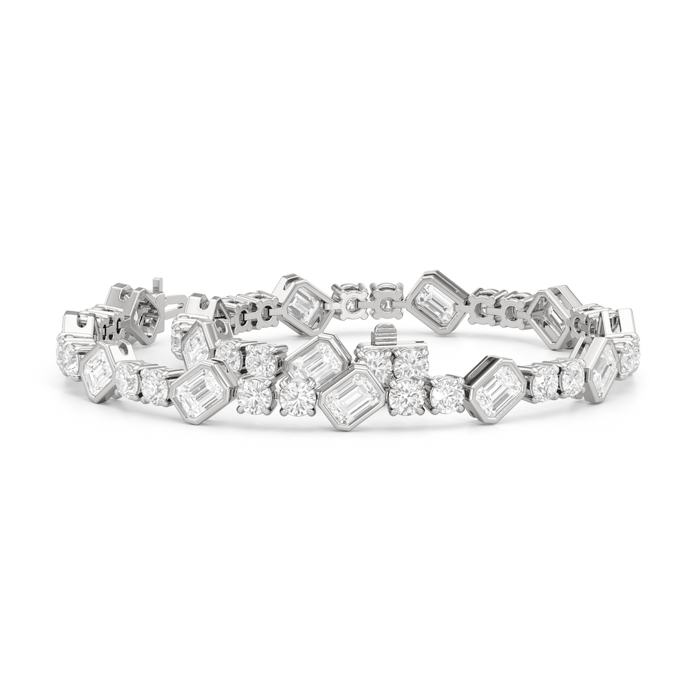 Stationed Emerald Bezel Set Tennis Bracelet with 7 Cut Diamond in 14KT White Gold view 3
