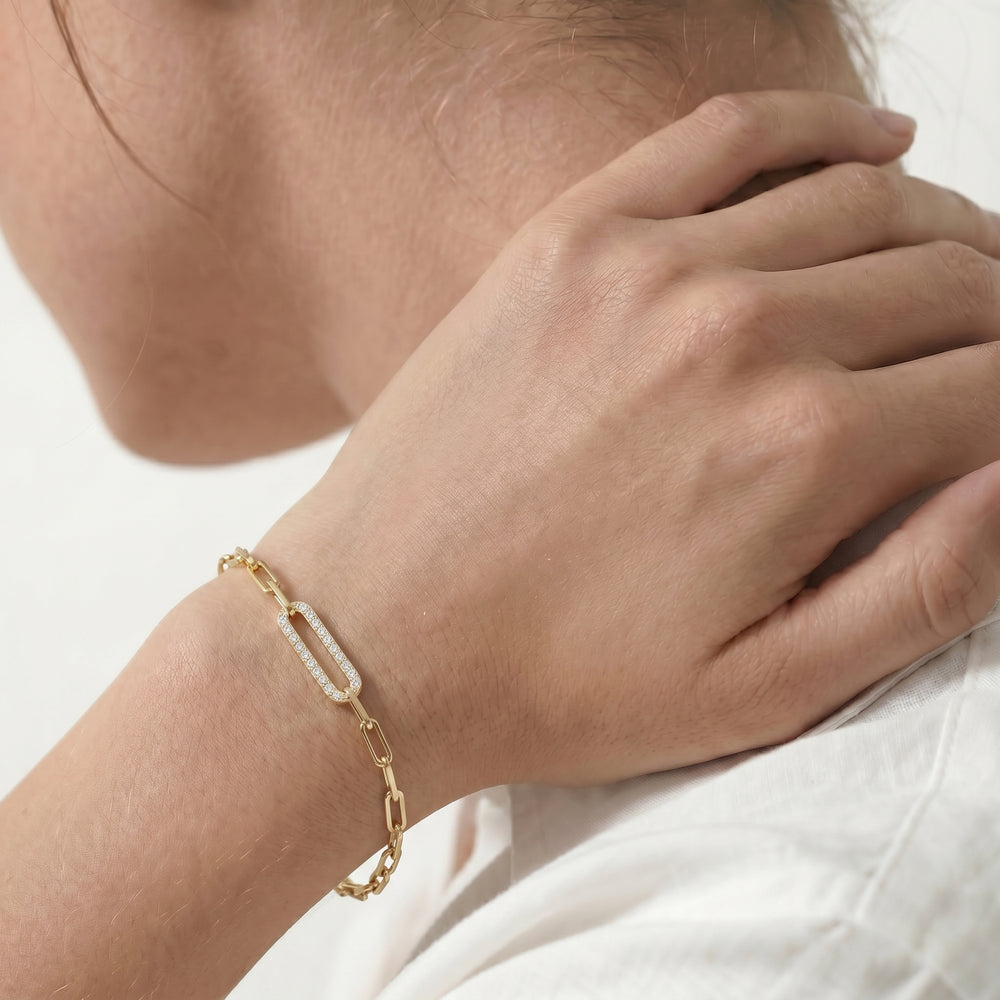 The Celine Paperclip Bracelet with Lab Cut Diamond in 14KT 18K Yellow Gold Vermeil view 2
