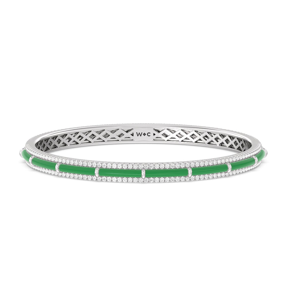 Half Pave Border Bangle in Ceramic with Evergreen Cut Diamond in 14KT Sterling Silver view 1
