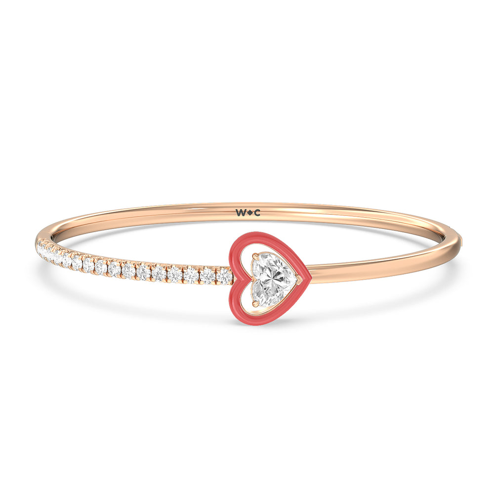 Half Pave Heart Bangle in Ceramic with Hibiscus Cut Diamond in 14KT Rose Gold view 1
