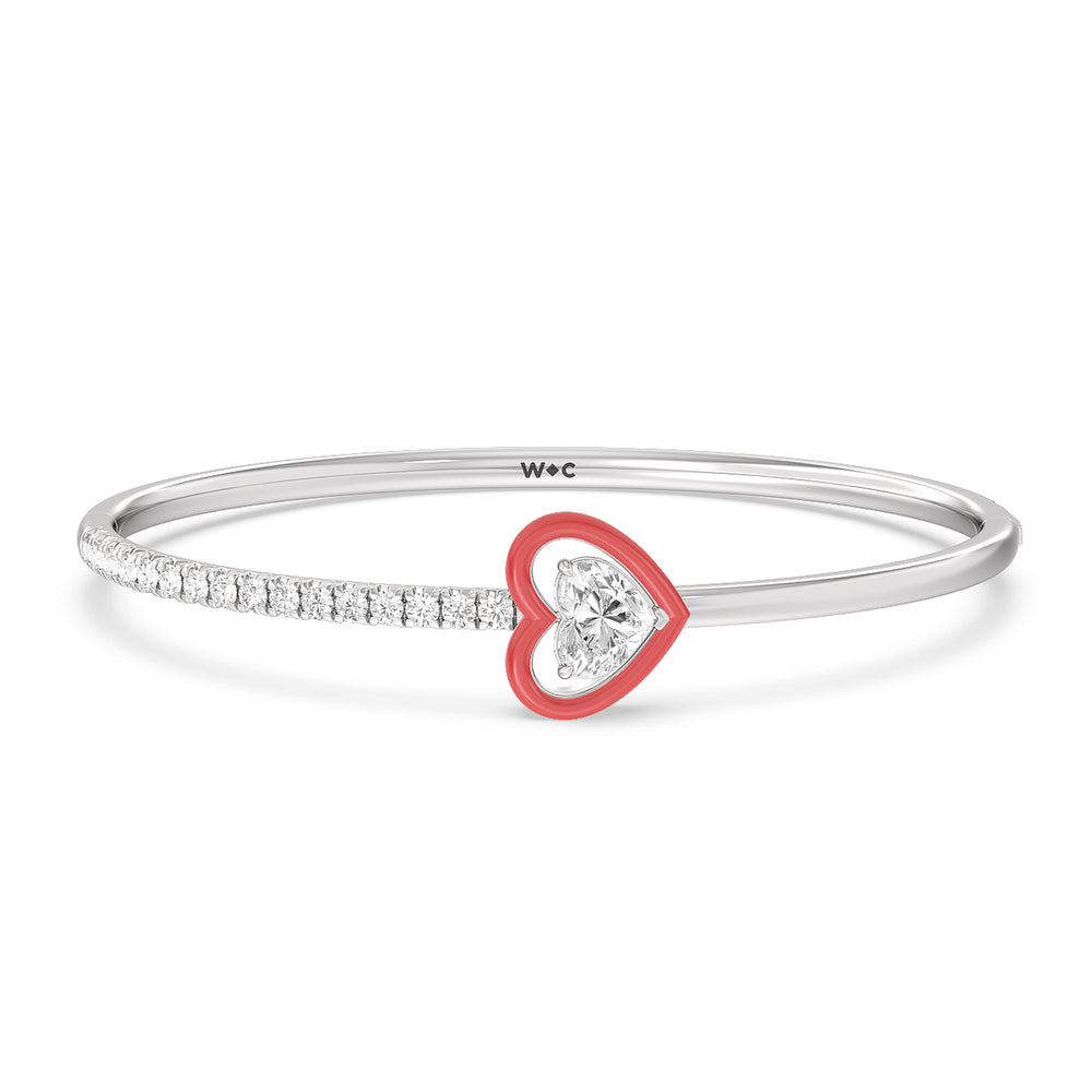 Half Pave Heart Bangle in Ceramic with Hibiscus Cut Diamond in 14KT White Gold view 1
