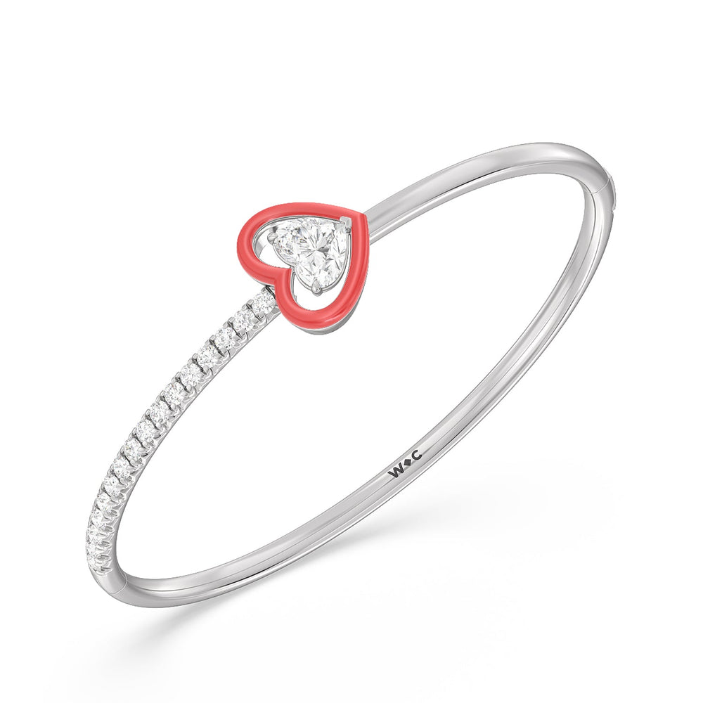 Half Pave Heart Bangle in Ceramic with Hibiscus Cut Diamond in 14KT Sterling Silver view 2
