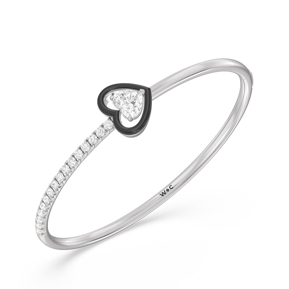 Half Pave Heart Bangle in Ceramic with Midnight Cut Diamond in 14KT White Gold view 3
