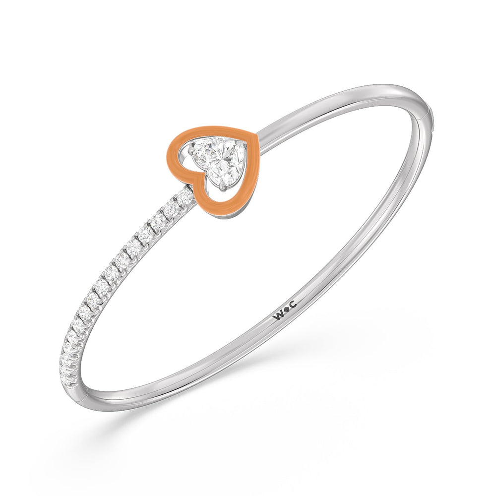 Half Pave Heart Bangle in Ceramic with Coral Cut Diamond in 14KT White Gold view 2
