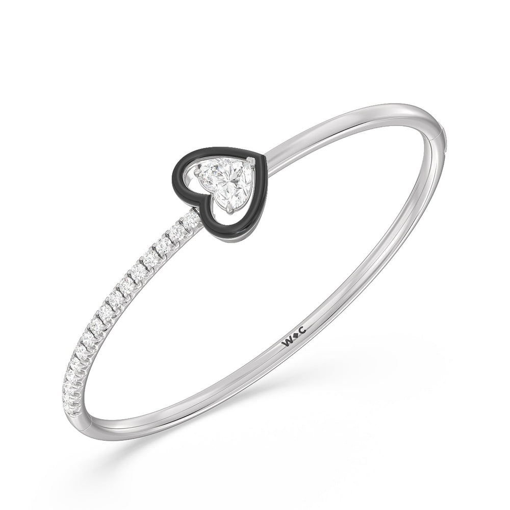 Half Pave Heart Bangle in Ceramic with Midnight Cut Diamond in 14KT Sterling Silver view 3
