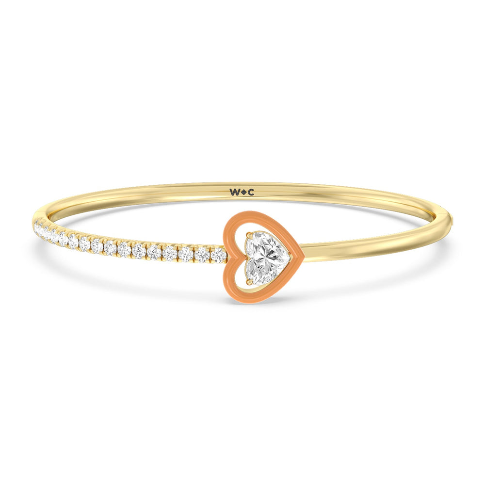 Half Pave Heart Bangle in Ceramic with Coral Cut Diamond in 14KT Yellow Gold view 1
