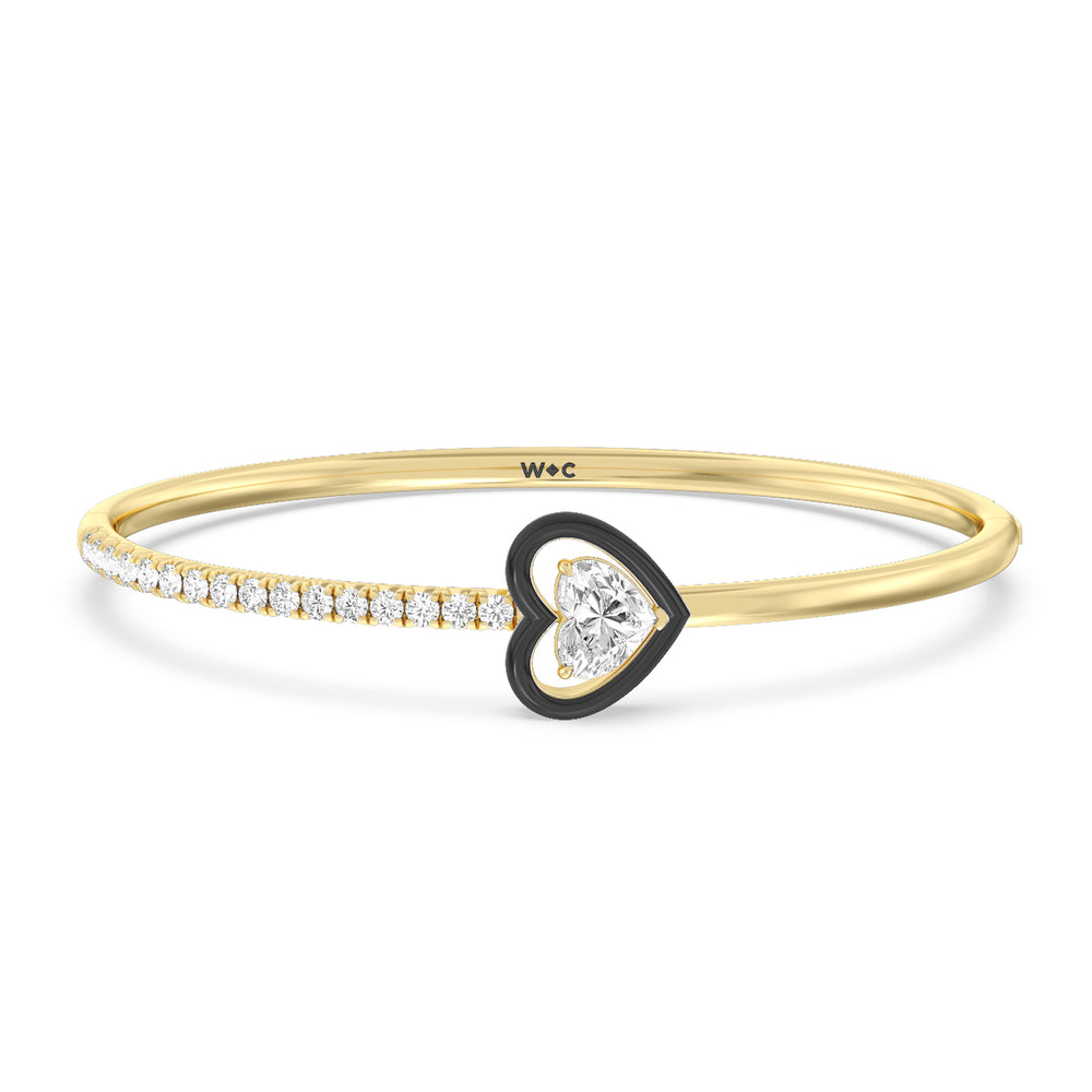 Half Pave Heart Bangle in Ceramic with Midnight Cut Diamond in 14KT Yellow Gold view 1
