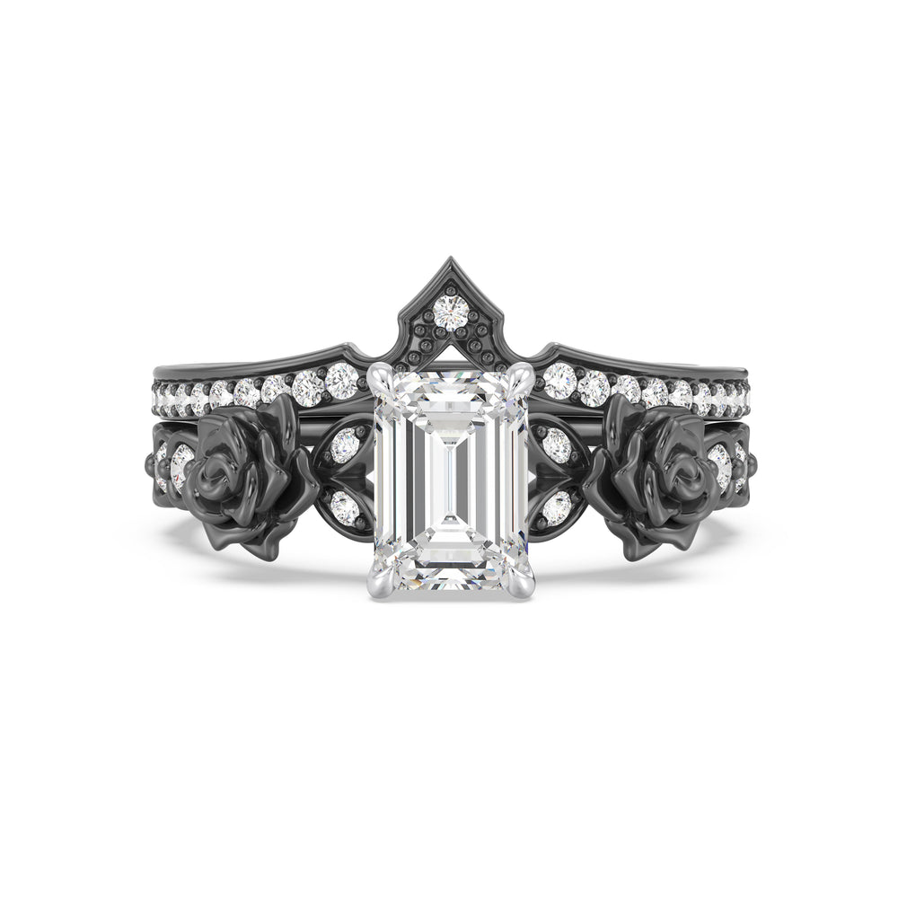Enchanted Star Lab Grown Diamond 14K Gold Maleficent Rose Engagement Ring Set with Black/White Cut Diamond in 14KT Emerald view 2

