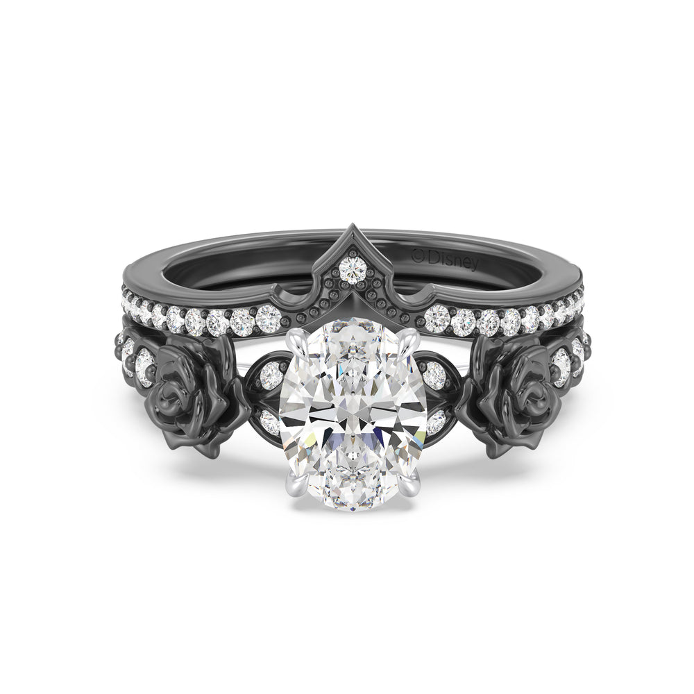 Enchanted Star Lab Grown Diamond 14K Gold Maleficent Rose Engagement Ring Set with Black/White Cut Diamond in 14KT Oval view 2
