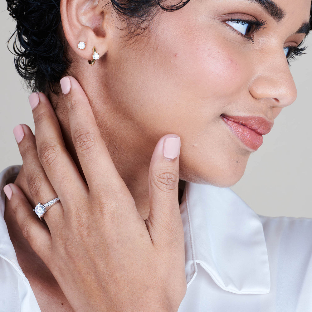 Model Wearing Princess Studded Engagement Ring with Lab Grown Diamond view