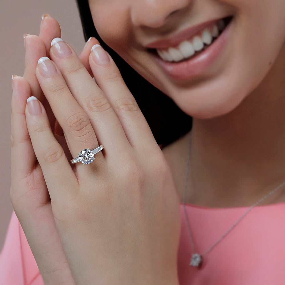 Model Wearing Cascading Channel Set Diamond Engagement Ring view