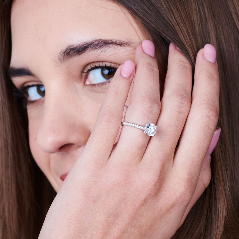 Model Wearing French Set Diamond Basket Engagement Ring with Lab Grown Diamond view