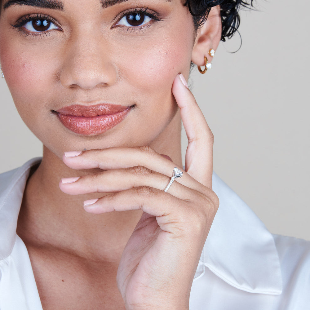 Model Wearing Petite Micro Pave Diamond Engagement Ring with Lab Grown Diamond view