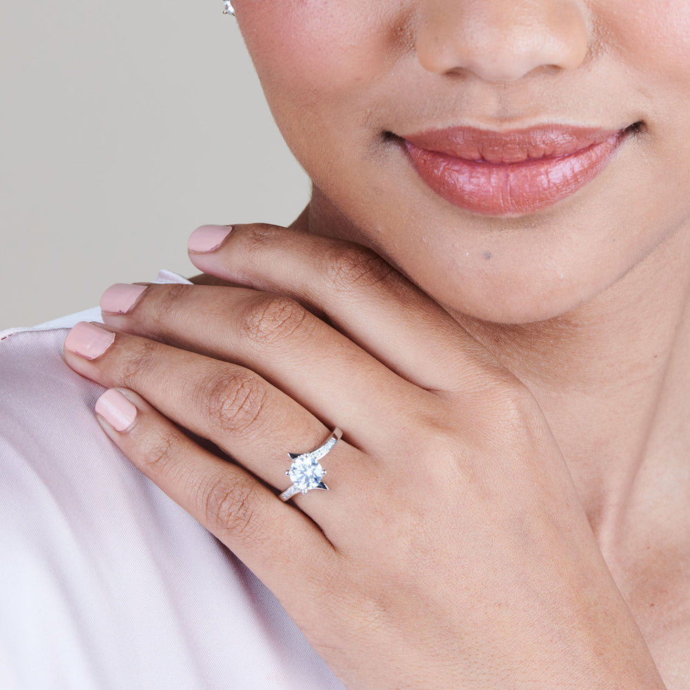 Model Wearing Tapered Diamond Engagement Ring with Lab Grown Diamond view