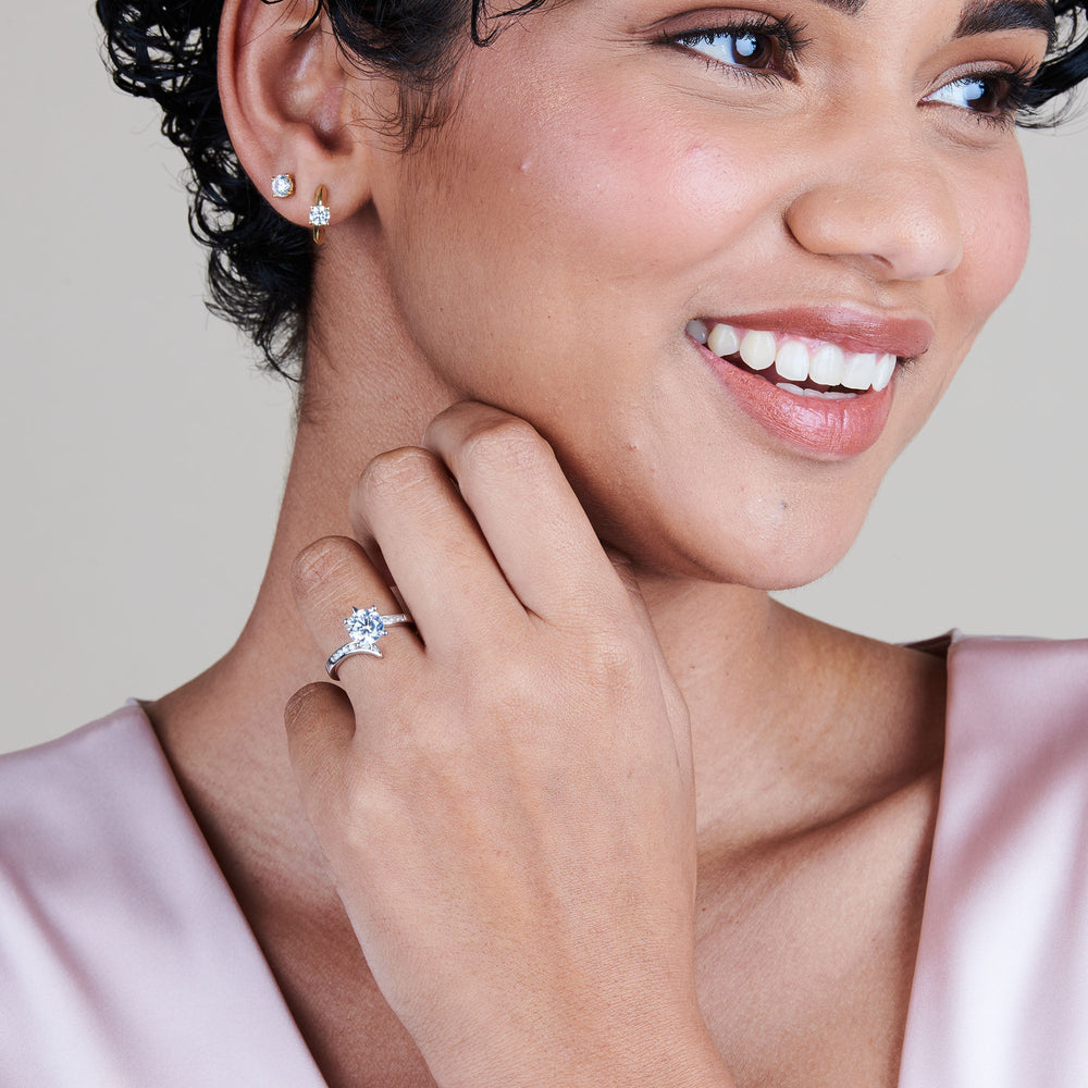 Model Wearing Tapered Diamond Engagement Ring with Lab Grown Diamond view