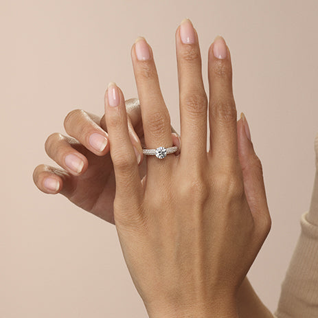 Model Wearing Three Row Micro Pave Diamond Engagement Ring view