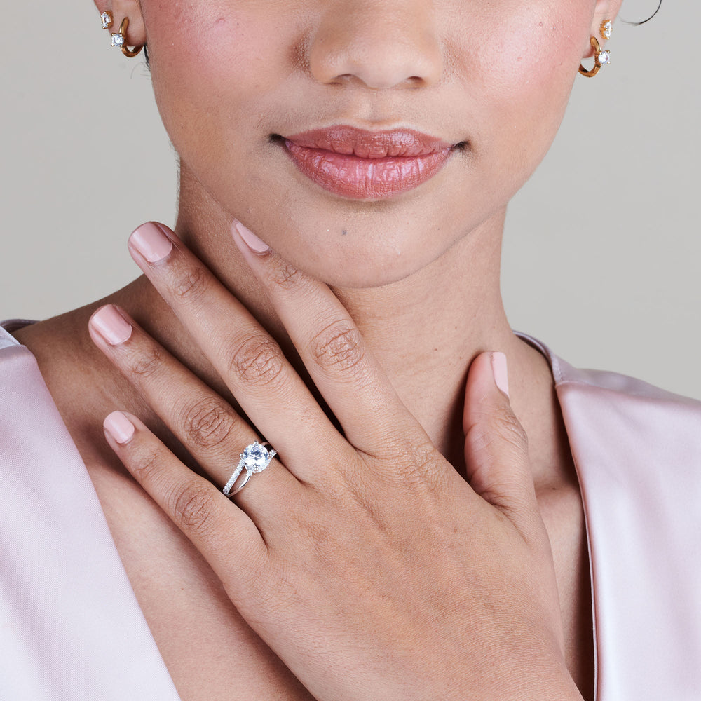Model Wearing Two Tone Bypass Diamond Engagement Ring with Lab Grown Diamond view