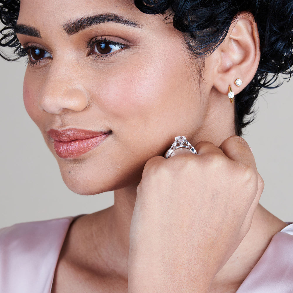 Model Wearing Braided Cathedral Diamond Engagement Ring with Lab Grown Diamond view