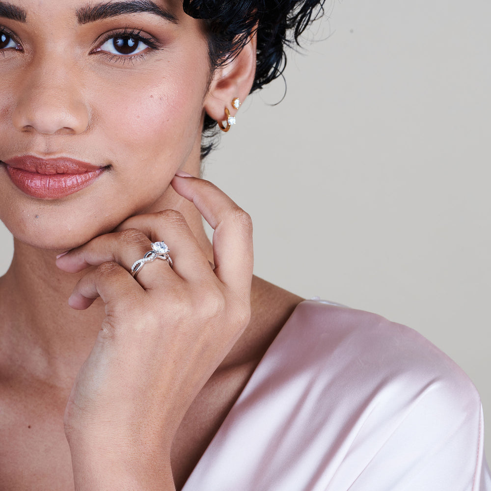 Model Wearing Weaving Diamond Pave Engagement Ring view