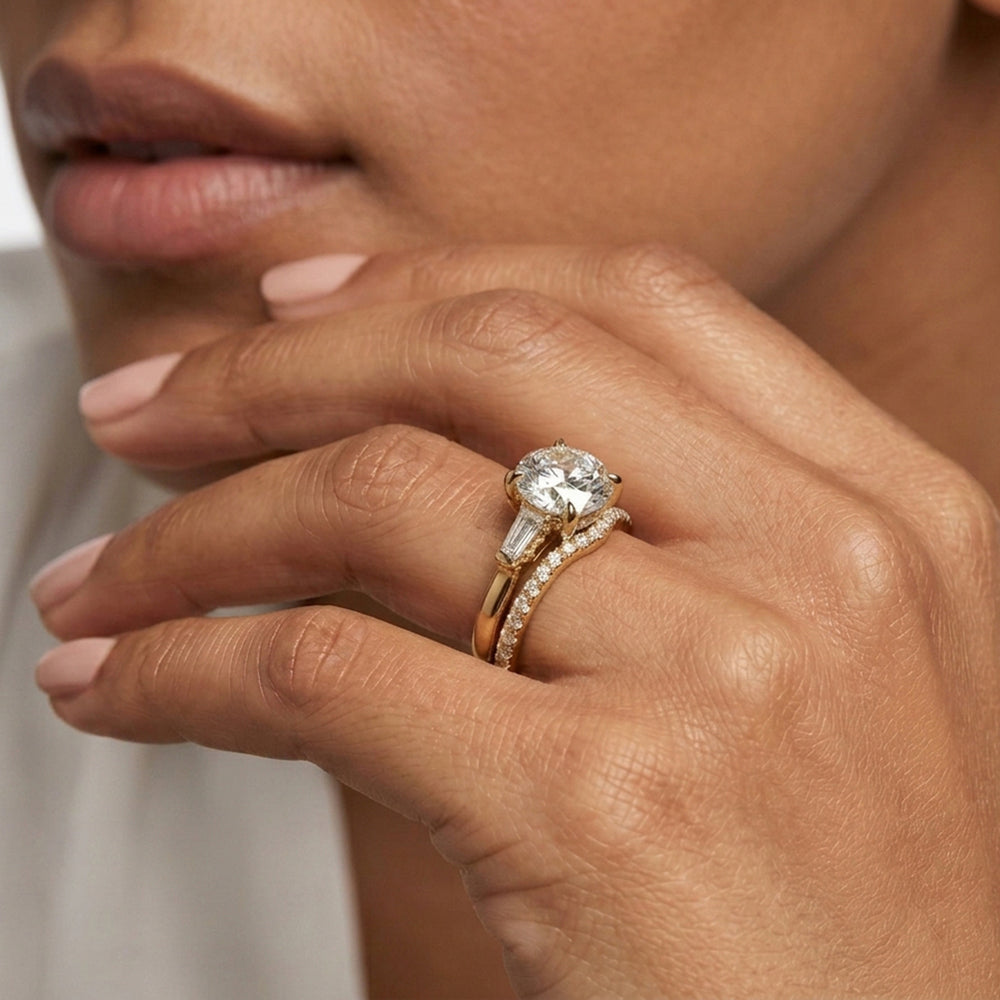 Elegance Baguette Three Stone Diamond Wedding Band with Platinum Cut Diamond in 14KT Platinum view 7
