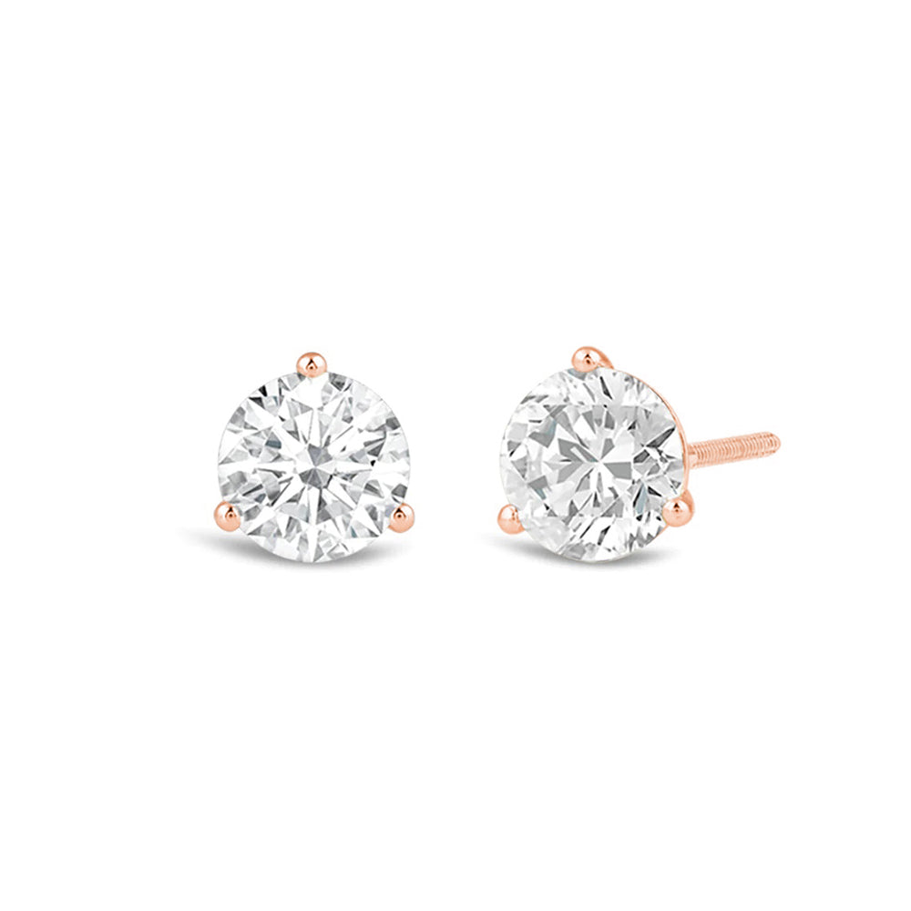 Classic Round Brilliant Cut Diamond Three Prong Martini Stud Earrings (F/G VS+) with 14KT Rose Gold / Lab / 3/4 Cut Diamond in 14KT Rose Gold / Lab / 3/4 view 1
