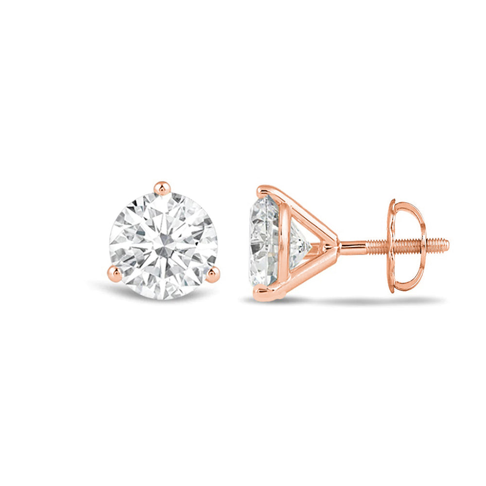 Classic Round Brilliant Cut Diamond Three Prong Martini Stud Earrings (F/G VS+) with 14KT Rose Gold / Lab / 1 Cut Diamond in 14KT Rose Gold / Lab / 1 view 4
