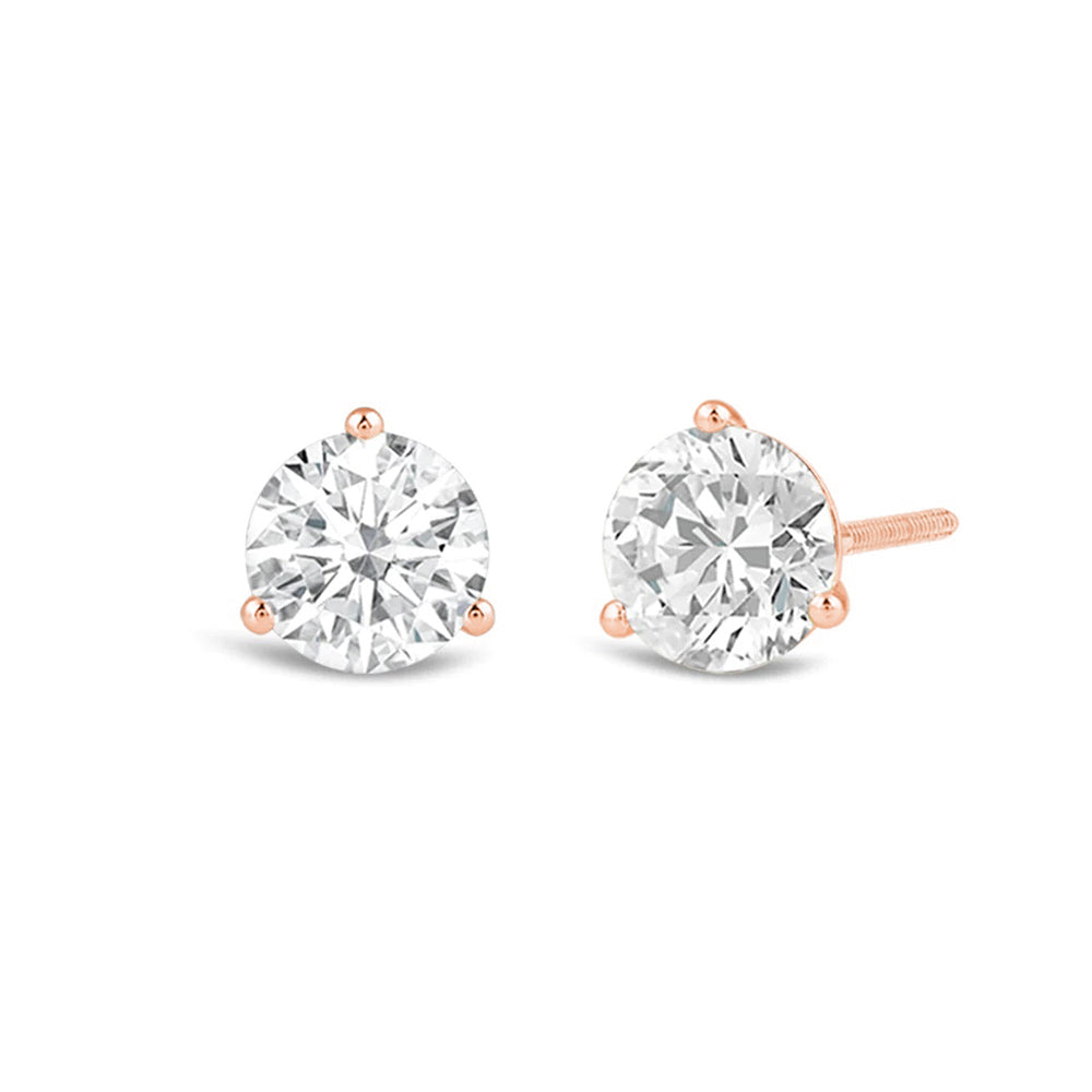 Classic Round Brilliant Cut Diamond Three Prong Martini Stud Earrings (F/G VS+) with 14KT Rose Gold / Lab / 1 Cut Diamond in 14KT Rose Gold / Lab / 1 view 1
