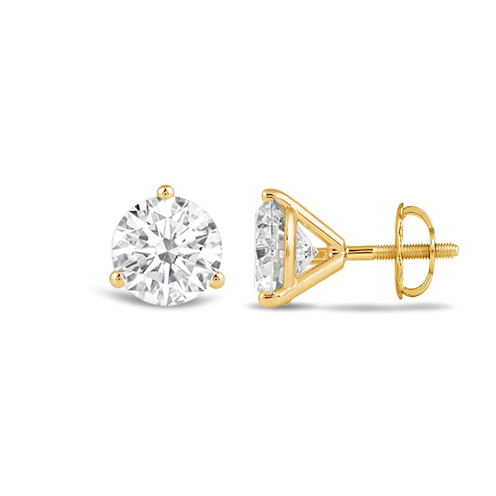 Classic Round Brilliant Cut Diamond Three Prong Martini Stud Earrings (F/G VS+) with 14KT Yellow Gold / Lab / 1 Cut Diamond in 14KT Yellow Gold / Lab / 1 view 4
