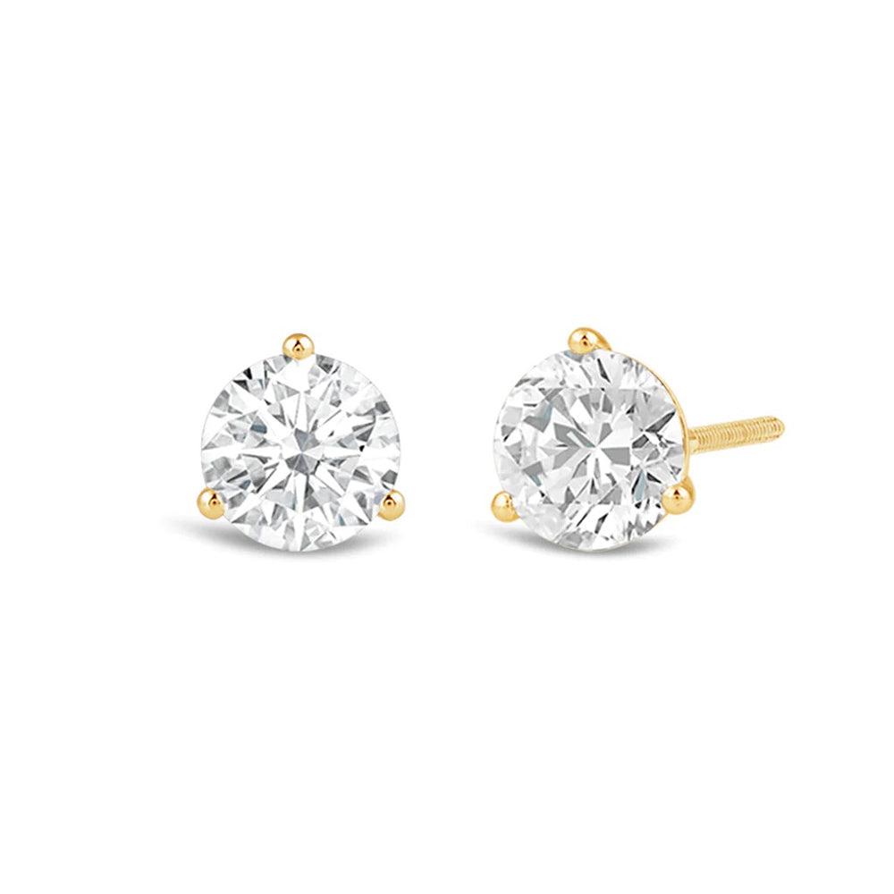 Classic Round Brilliant Cut Diamond Three Prong Martini Stud Earrings (F/G VS+) with 14KT Yellow Gold / Lab / 1 Cut Diamond in 14KT Yellow Gold / Lab / 1 view 1
