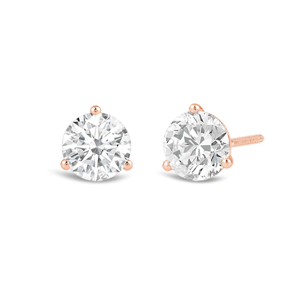 Classic Round Brilliant Cut Diamond Three Prong Martini Stud Earrings (F/G VS+) with 14KT Rose Gold / Lab / 2 Cut Diamond in 14KT Rose Gold / Lab / 2 view 1
