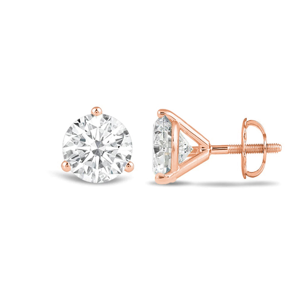 Classic Round Brilliant Cut Diamond Three Prong Martini Stud Earrings (F/G VS+) with 14KT Rose Gold / Lab / 2 Cut Diamond in 14KT Rose Gold / Lab / 2 view 4
