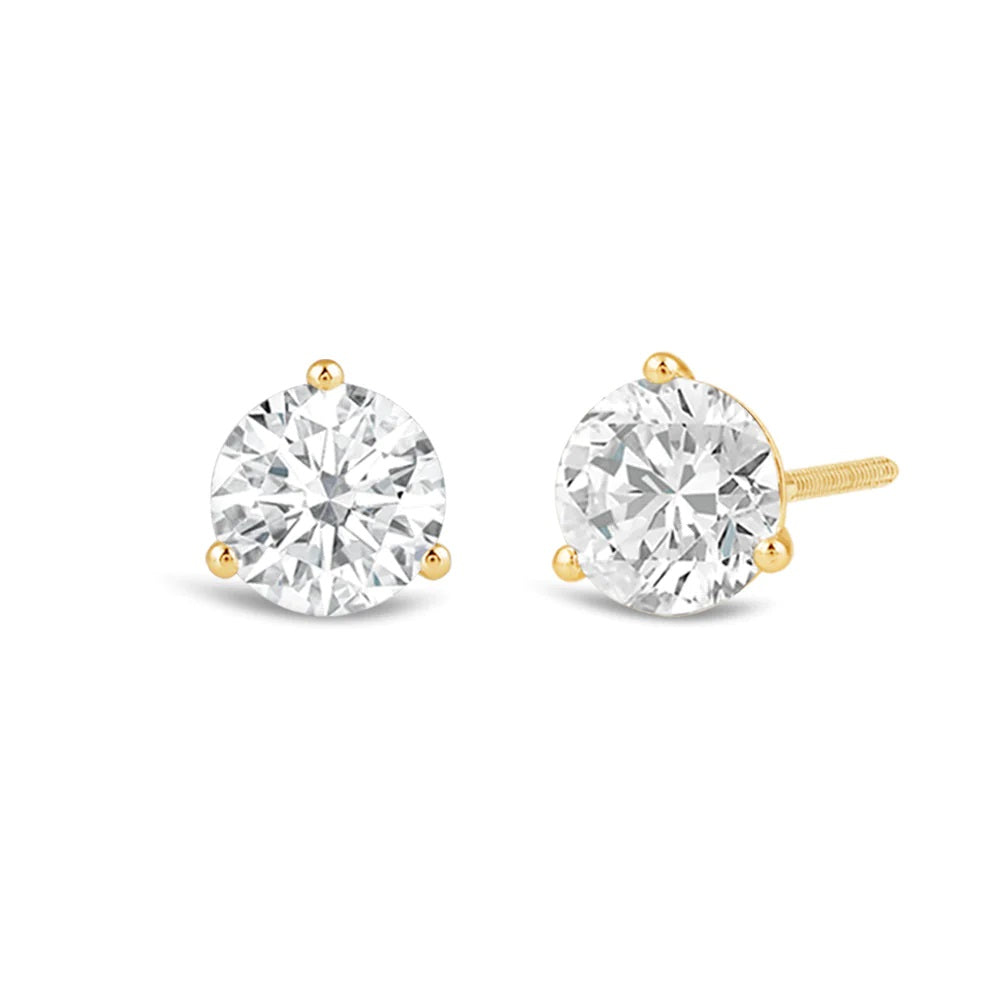Classic Round Brilliant Cut Diamond Three Prong Martini Stud Earrings (F/G VS+) with 14KT Yellow Gold / Lab / 2 Cut Diamond in 14KT Yellow Gold / Lab / 2 view 1
