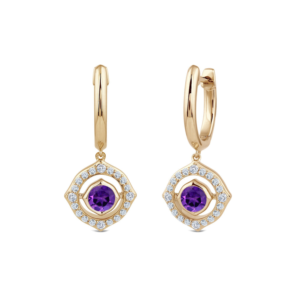 Signature Amethyst Birthstone Drop Huggies with Lab Cut Diamond in 14KT Yellow Gold view 1
