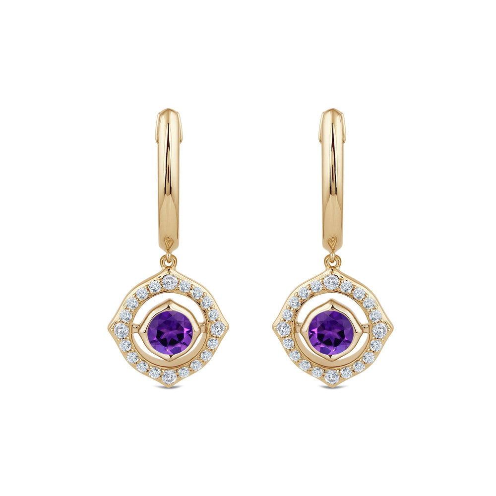 Signature Amethyst Birthstone Drop Huggies with Lab Cut Diamond in 14KT Yellow Gold view 2

