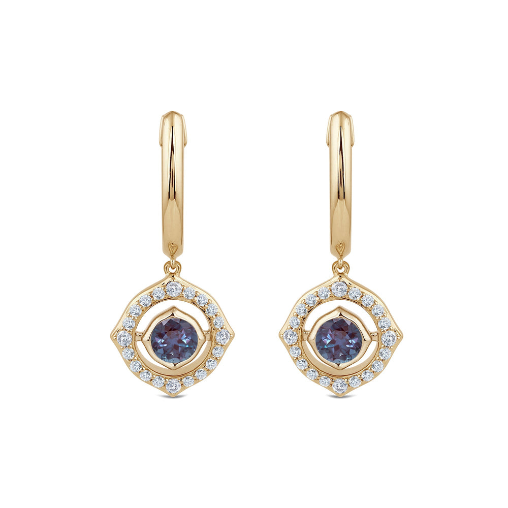 Signature Alexandrite Birthstone Drop Huggies with Lab Cut Diamond in 14KT Yellow Gold view 2

