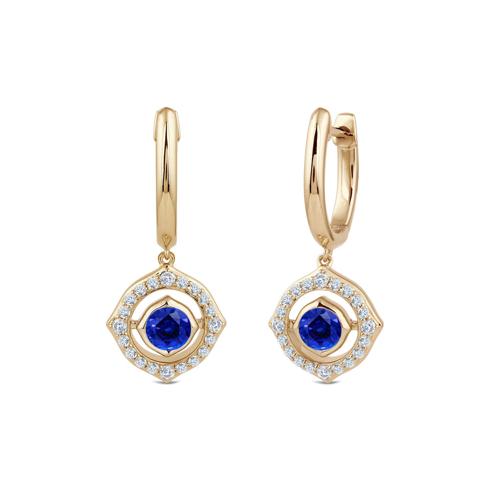 Signature Created Sapphire Birthstone Drop Huggies with Lab Cut Diamond in 14KT Yellow Gold view 1
