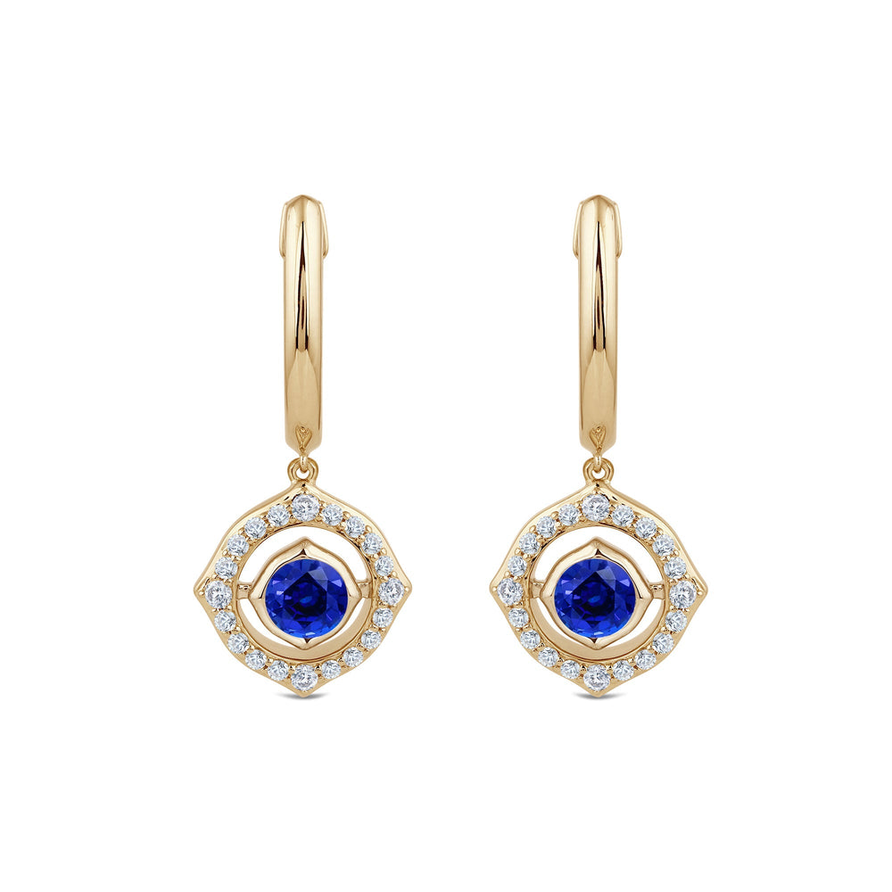 Signature Created Sapphire Birthstone Drop Huggies with Lab Cut Diamond in 14KT Yellow Gold view 2
