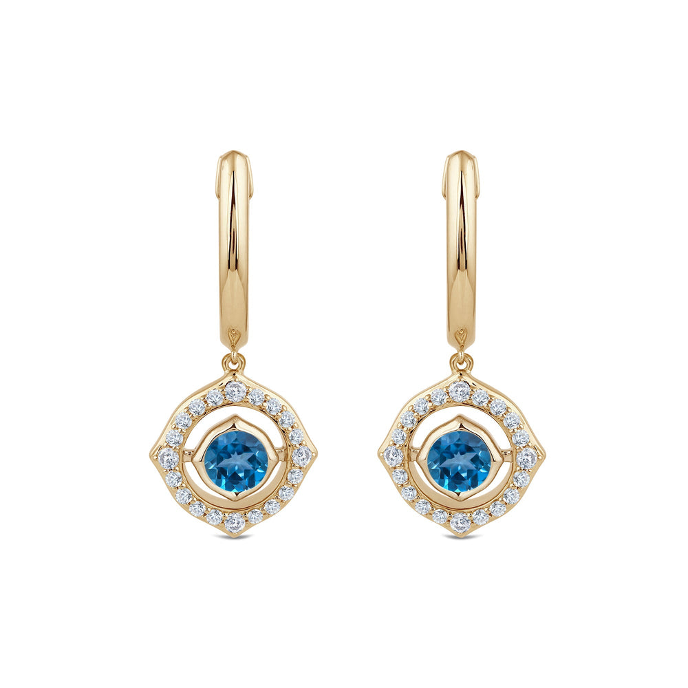 Signature London Blue Topaz Birthstone Drop Huggies with Lab Cut Diamond in 14KT Yellow Gold view 2

