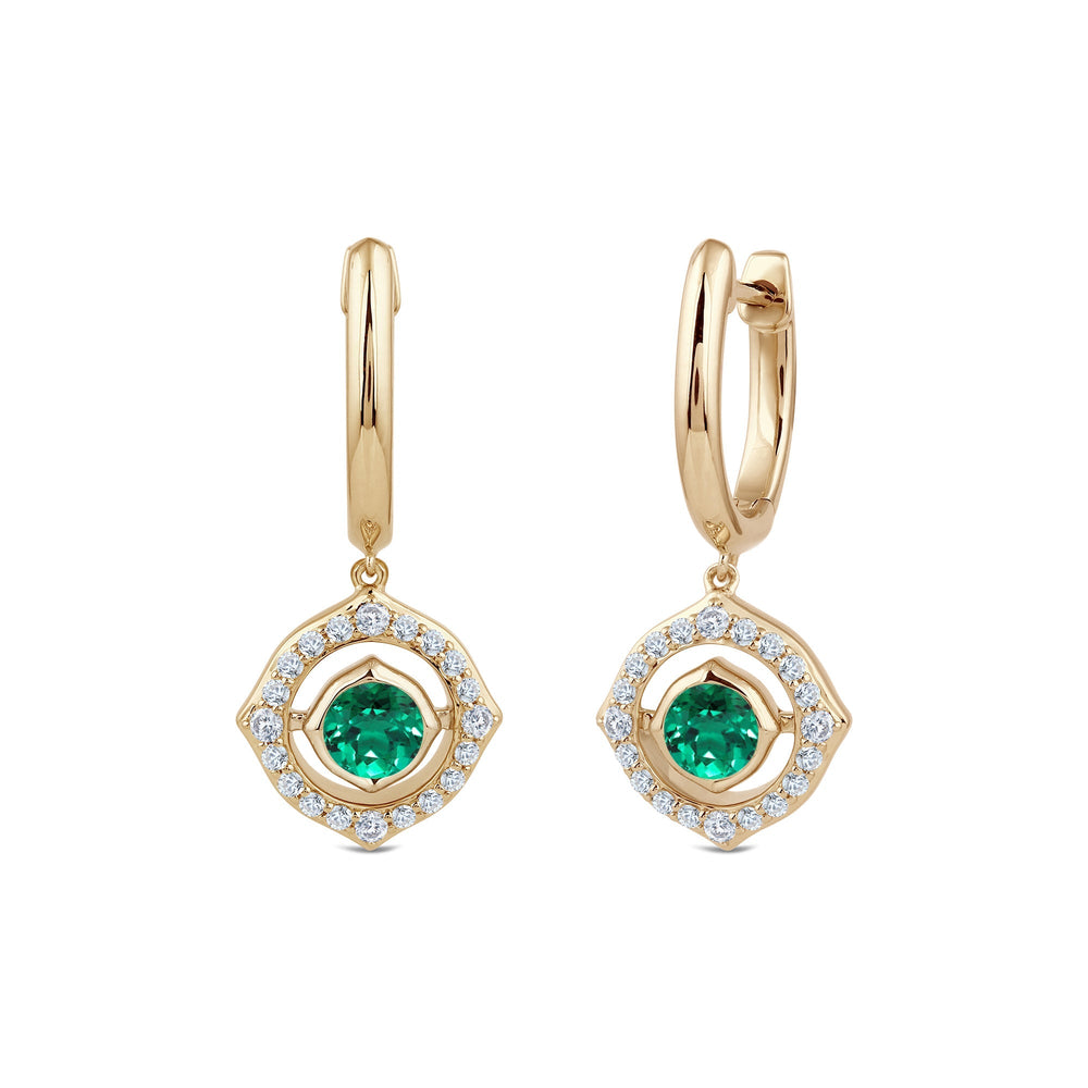 Signature Created Emerald Birthstone Drop Huggies with Lab Cut Diamond in 14KT Yellow Gold view 1
