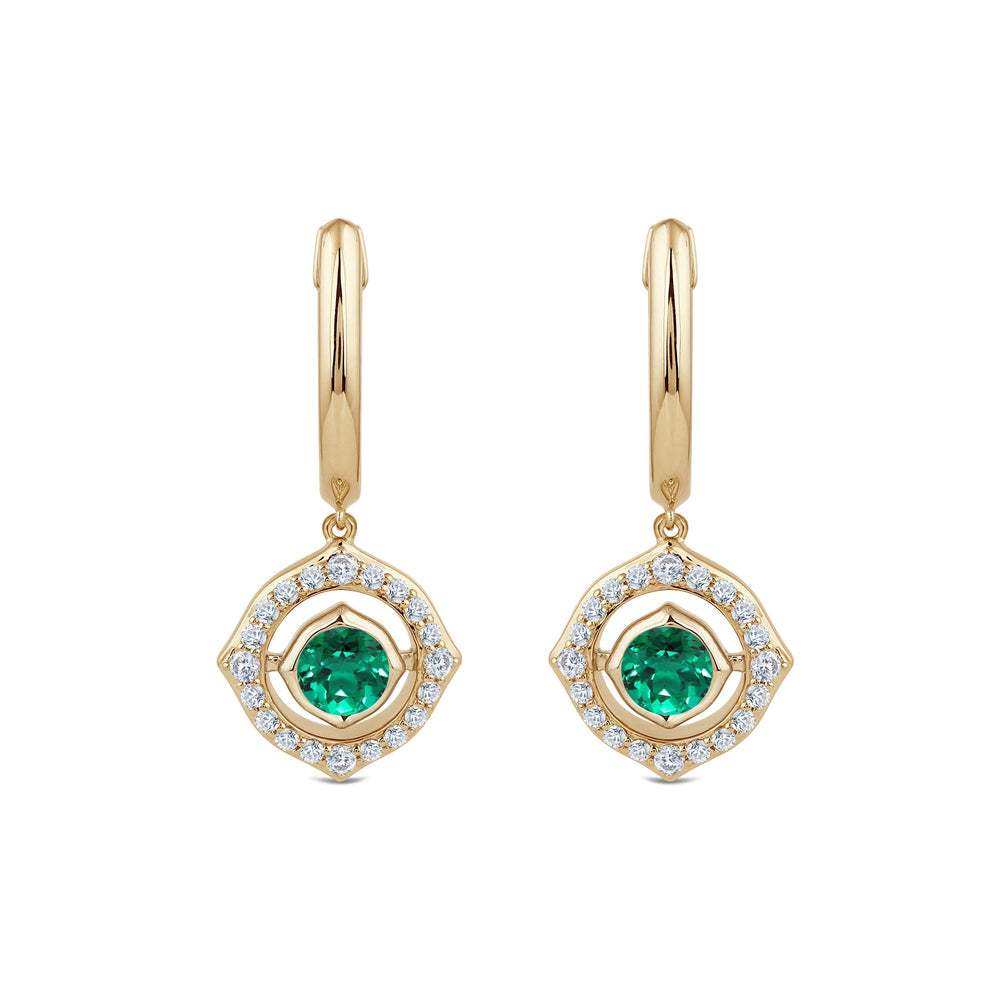 Signature Created Emerald Birthstone Drop Huggies with Lab Cut Diamond in 14KT Yellow Gold view 2
