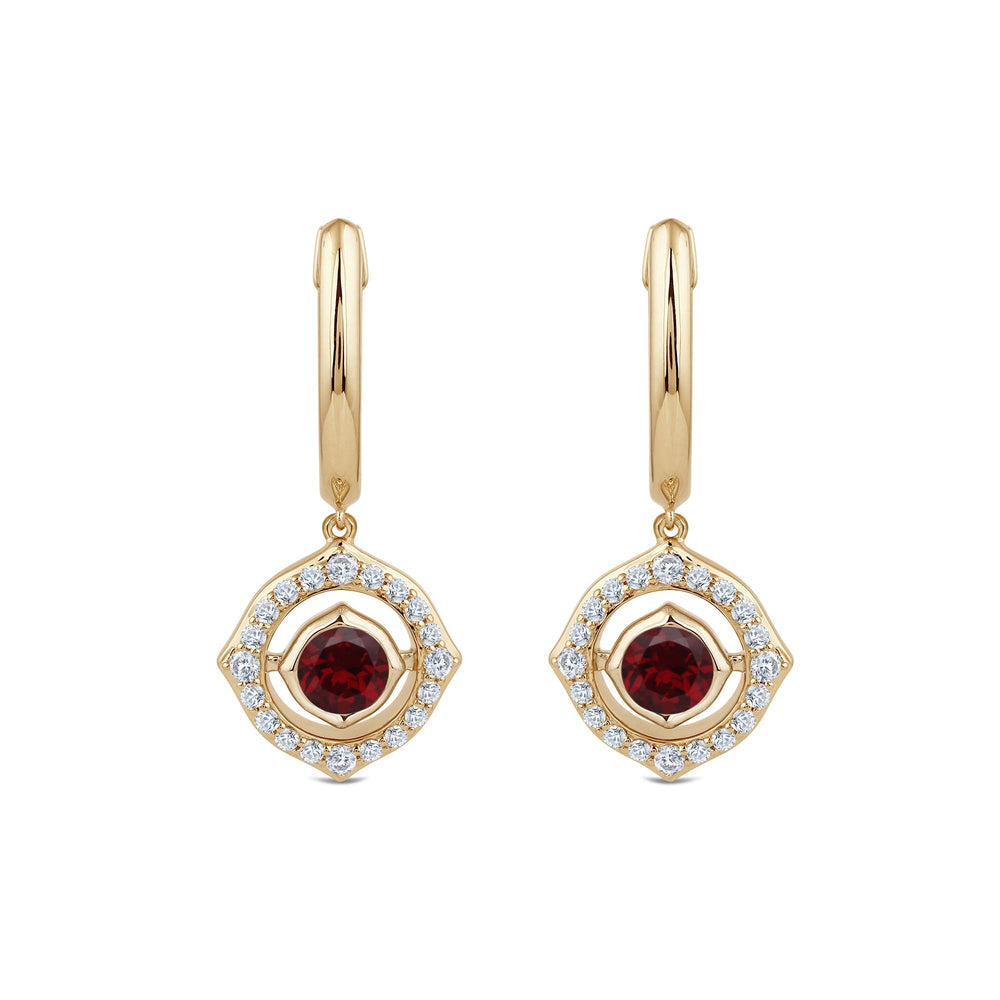 Signature Garnet Birthstone Drop Huggies with Lab Cut Diamond in 14KT Yellow Gold view 2
