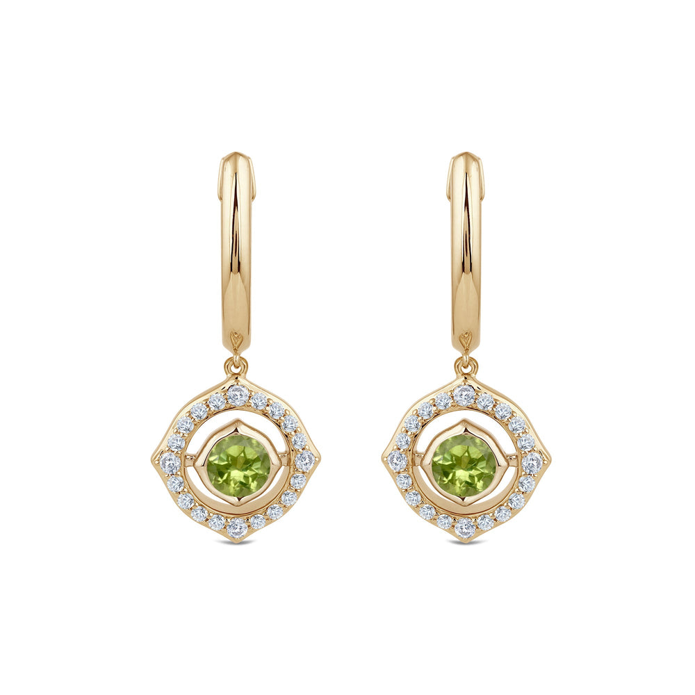 Signature Peridot Birthstone Drop Huggies with Lab Cut Diamond in 14KT Yellow Gold view 2
