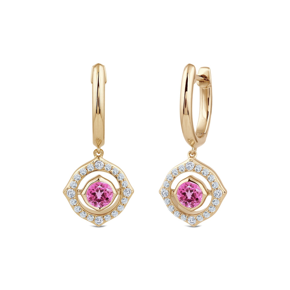 Signature Pink Tourmaline Birthstone Drop Huggies with Lab Cut Diamond in 14KT Yellow Gold view 2
