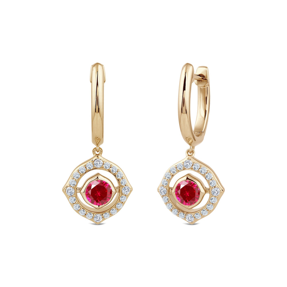 Signature Created Ruby Birthstone Drop Huggies with Lab Cut Diamond in 14KT Yellow Gold view 1
