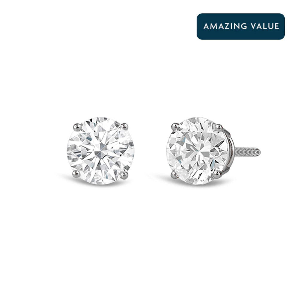 Classic Round Diamond Four Prong Stud Earrings with Round Cut Diamond in 14KT White Gold view 1
