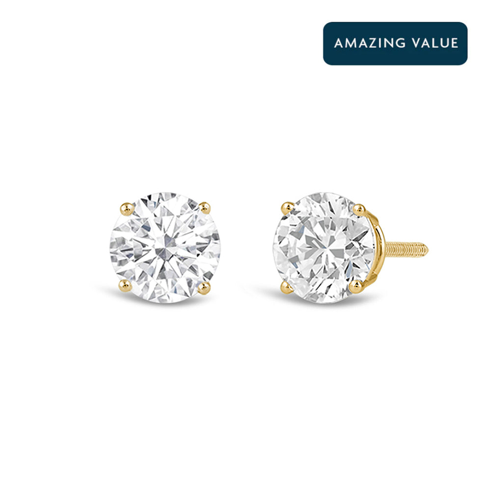 Classic Round Diamond Four Prong Stud Earrings with Round Cut Diamond in 14KT Yellow Gold view 1
