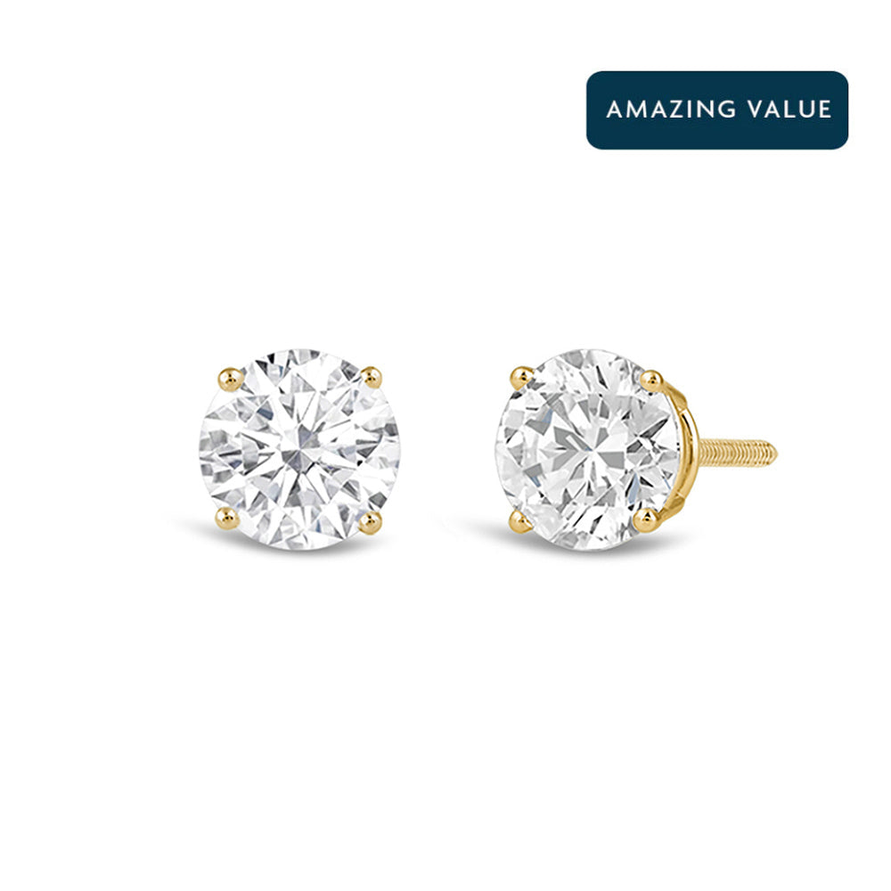 Classic Round Diamond Four Prong Stud Earrings (F/G SI+) with 14KT Yellow Gold / Lab / 1 Cut Diamond in 14KT Yellow Gold / Lab / 1 view 1
