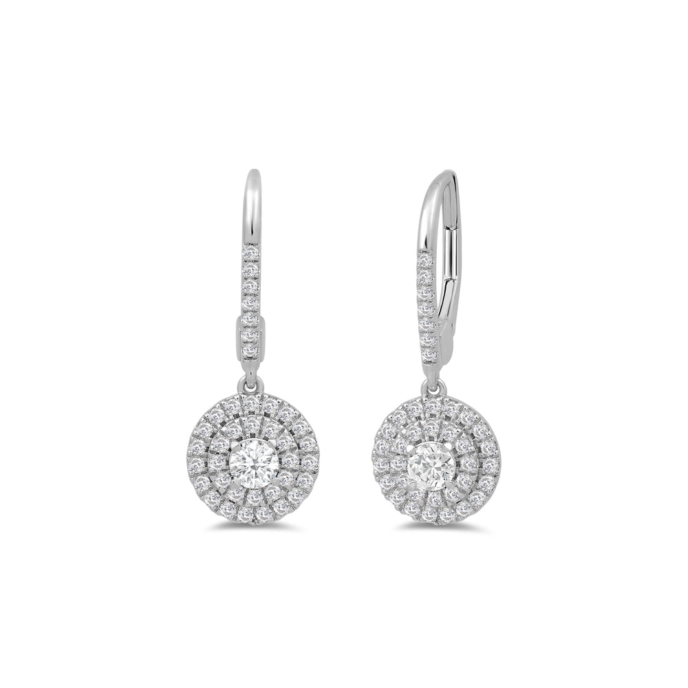 Double Halo Round Drop Studded Lever Back Earrings with 14KT White Gold / Lab / 3/4 Cut Diamond in 14KT White Gold / Lab / 3/4 view 1

