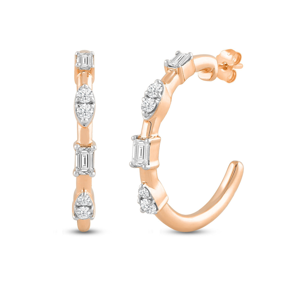 Baguette and Diamond Cluster Hoop Earrings with 14KT Rose Gold / Lab / 1/4 Cut Diamond in 14KT Rose Gold / Lab / 1/4 view 1

