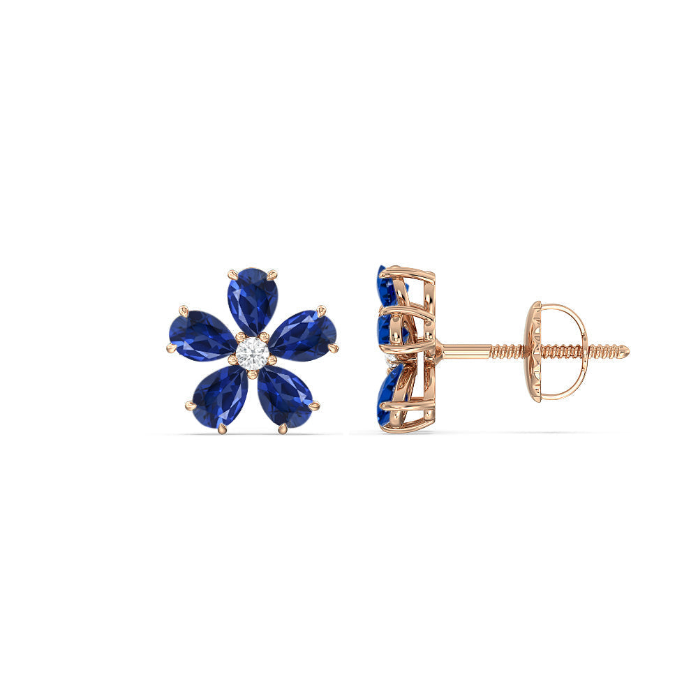 Sapphire and Diamond Daisy Studs with 14KT Rose Gold Cut Diamond in 14KT Rose Gold view 2
